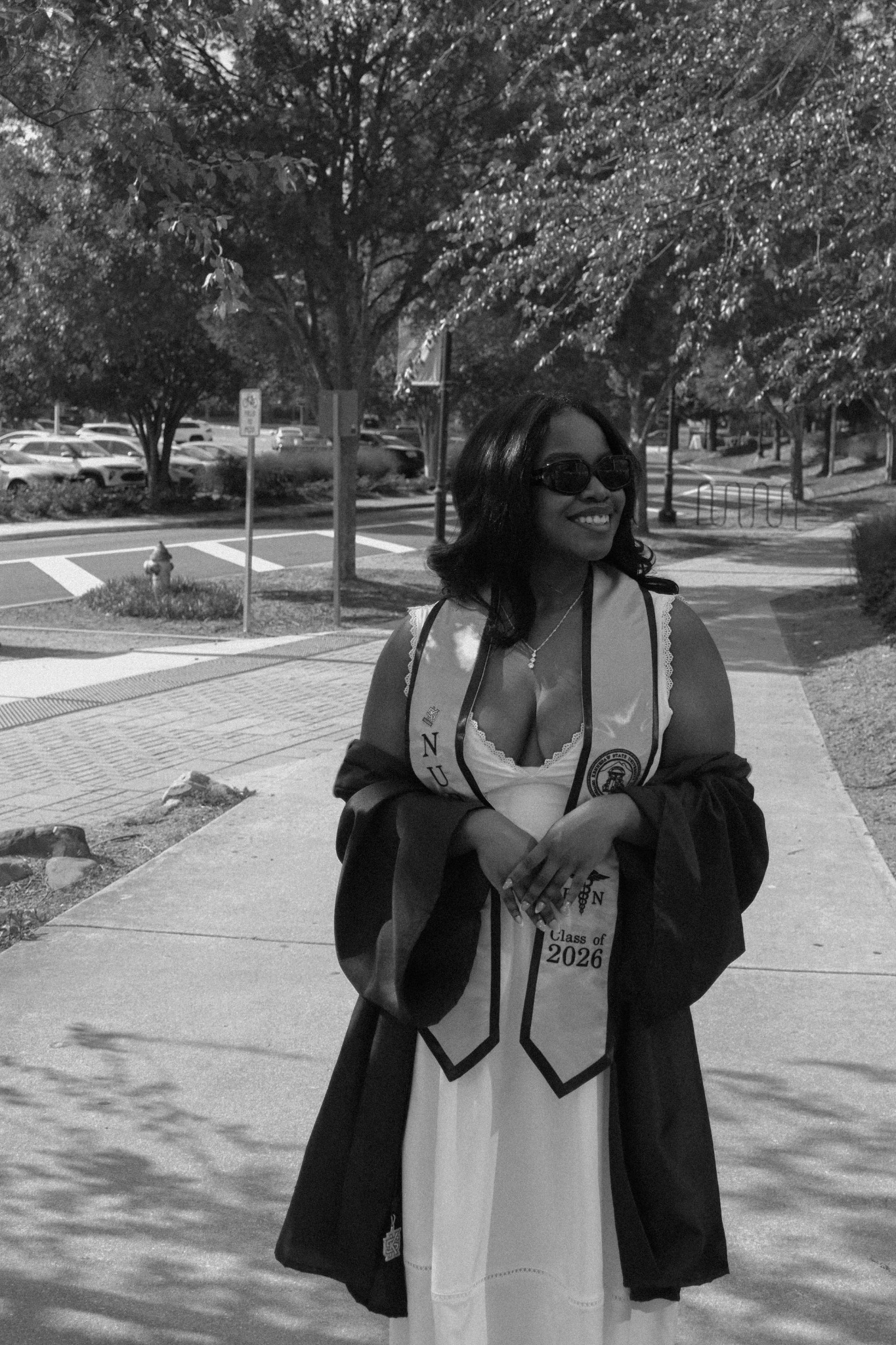 Black and white outdoor graduation portrait